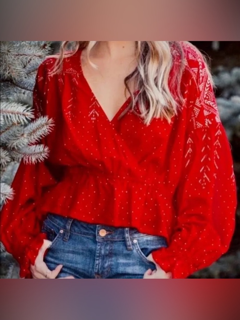 EUC Free People Red Gold Metallic Counting Stars Faux Wrap Blouse Shirt Size XS